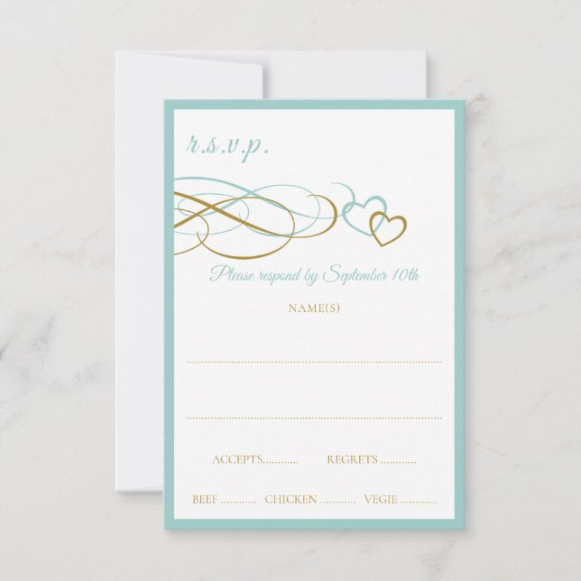 Hearts Wedding Response Cards (Turquoise & Gold) (Front)