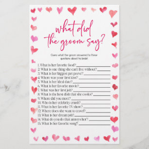 Hearts What Did The Groom Say? Bridal Shower Game Stationery