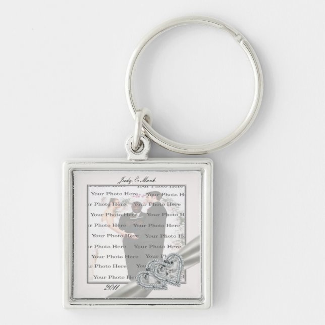 Hearts White Wedding Square Silver Key Chain (Front)