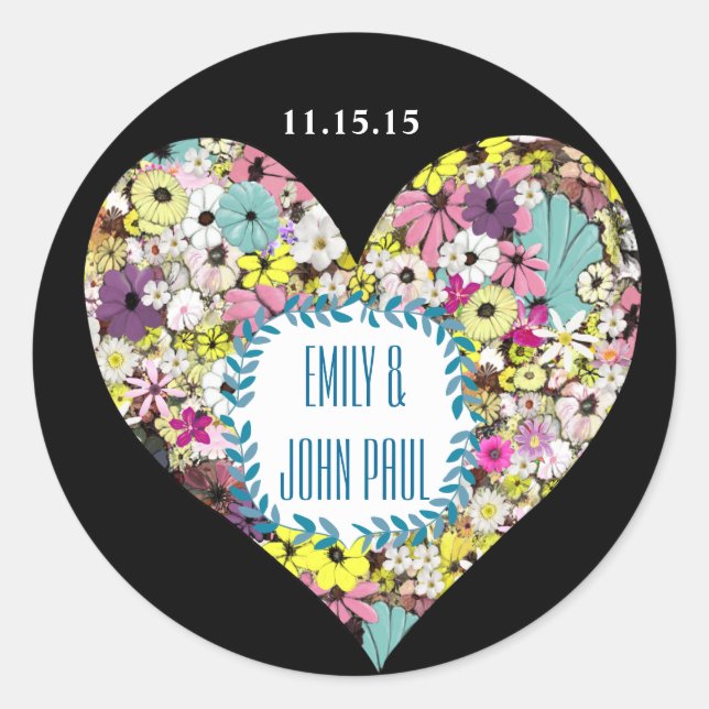 Hearts Wild Flowers Wedding Save the Date Sticker (Front)