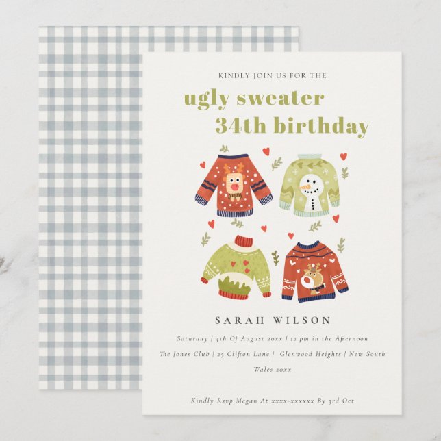 Hearts Winter Ugly Sweater Any Age Birthday Invite (Front/Back)