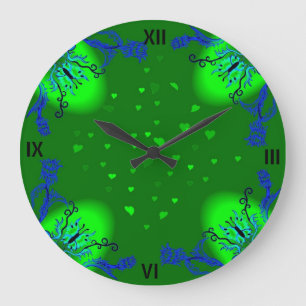 Hearts with Flowers and Butterfly in Tattoo Style Large Clock