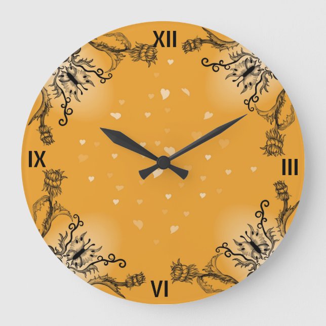 Hearts with Flowers and Butterfly in Tattoo Style Large Clock (Front)