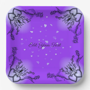 Hearts with Flowers and Butterfly in Tattoo Style Paper Plate