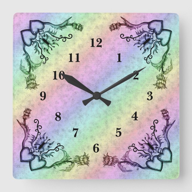 Hearts with Flowers and Butterfly in Tattoo Style Square Wall Clock (Front)