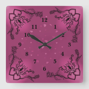 Hearts with Flowers and Butterfly in Tattoo Style Square Wall Clock
