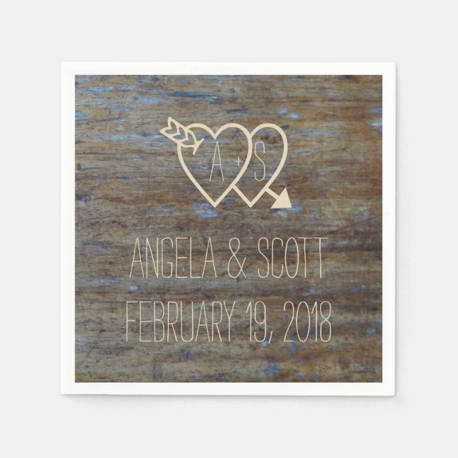 Hearts with Initials Rustic Wood Wedding Napkin (Front)