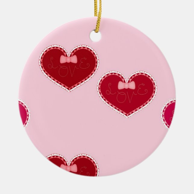 Hearts with lace on pink ceramic tree decoration (Front)