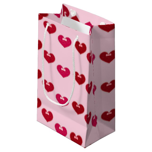 Hearts with laces on pink small gift bag (Front Angled)