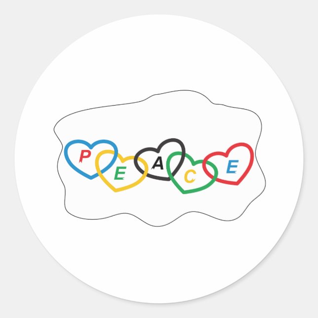 Hearts with Olympic colours and text "peace" Classic Round Sticker (Front)