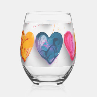 Hearts with sketch marks and drips stemless wine glass