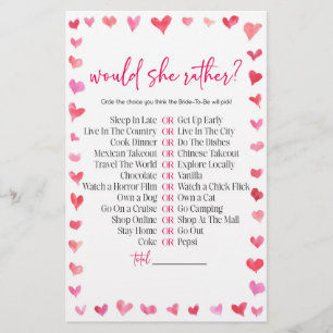 Hearts Would She Rather? Bridal Shower Game  Stationery