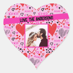 Hearts, XOXO Pink Pattern, Personalised Name Photo Heart Sticker