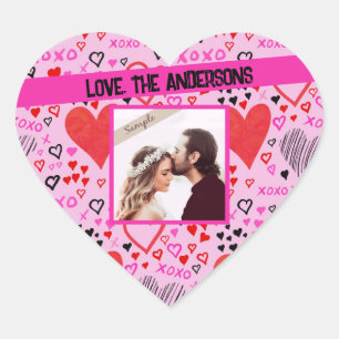 Hearts, XOXO Pink Pattern, Personalised Name Photo Heart Sticker