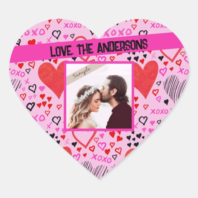 Hearts, XOXO Pink Pattern, Personalised Name Photo Heart Sticker (Front)