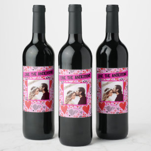 Hearts, XOXO Pink Pattern, Personalised Name Photo Wine Label