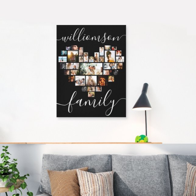 HeartShaped Photo Collage Family Script Caligraphy Canvas Print (Creator Uploaded)