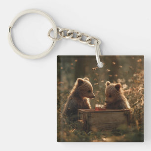 Heartwarming Bear Cubs and Honey Jar in Forest Key Ring
