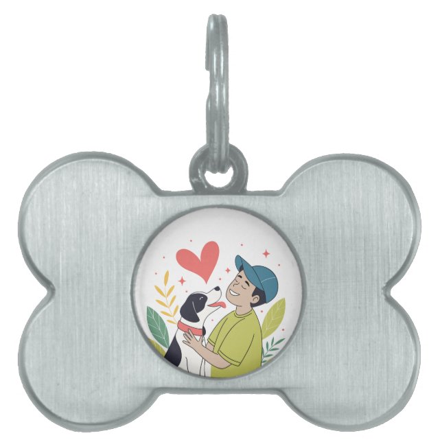 Heartwarming Boy Hugging Dog Pet ID Tag (Front)