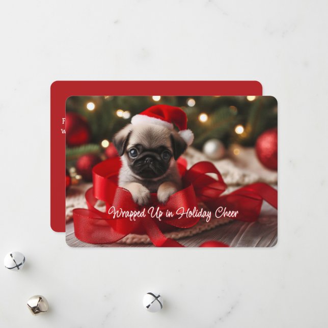 Heartwarming Pug Puppy Flat Holiday Card (Front/Back In Situ)