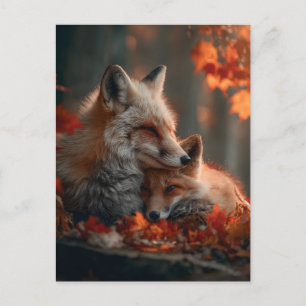 Heartwarming Red Fox Pair in Autumn Forest Leaves Postcard