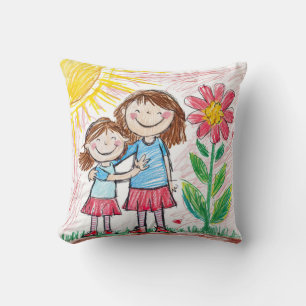 Heartwarming Sisterly Love Crayon Drawing Cushion