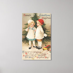 Hearty Christmas GreetingKids by a Tree Canvas Print