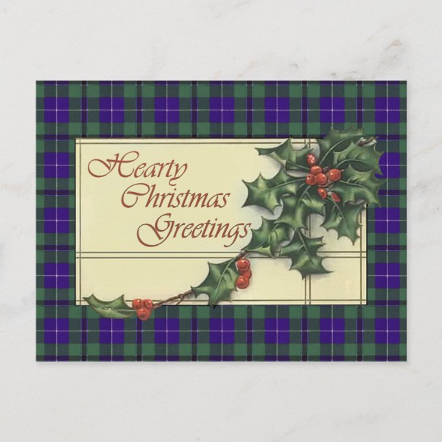 Hearty Christmas Greetings, Douglas tartan Holiday Postcard (Front)