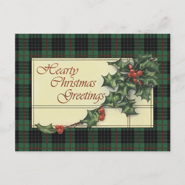 Hearty Christmas Greetings, Gunn Tartan Holiday Postcard (Front)