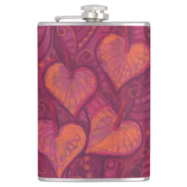 Hearty Flowers, floral hearts, pink, red & orange Hip Flask (Front)