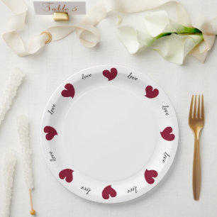 Hearty Hearts Burgundy - Custom Text Paper Plate