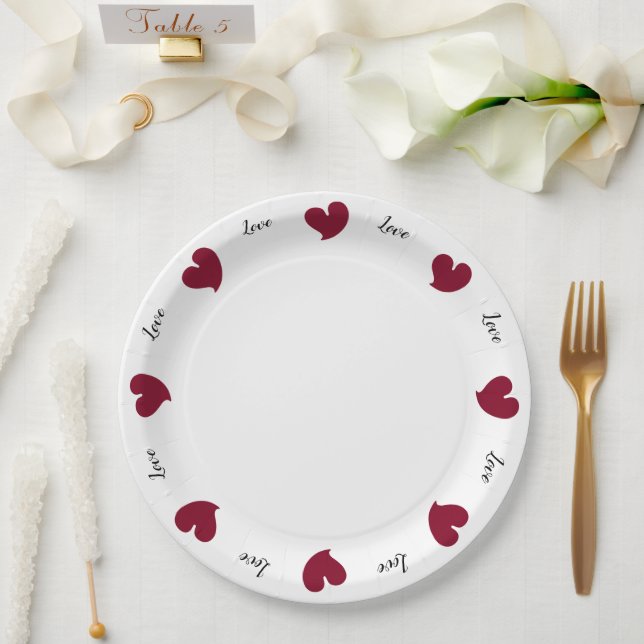Hearty Hearts Burgundy - Custom Text Paper Plate (Wedding)