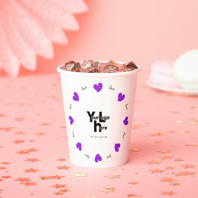 Hearty Hearts Purple - Custom Text and Logo Paper Cups (Insitu)