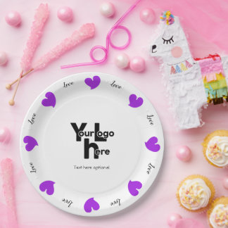 Hearty Hearts Purple - Custom Text and Logo Paper Plate
