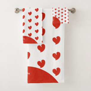 Hearty Hearts - Red and White Custom Text - Bath Towel Set