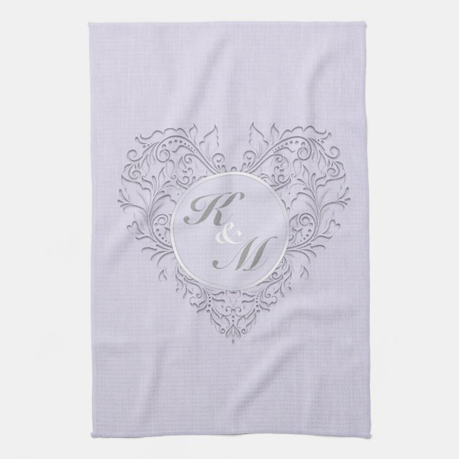 HeartyChic Lavender linen Damask heart Tea Towel (Vertical)