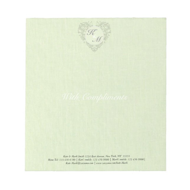 HeartyChic Lime Green linen Damask Heart Notepad (Front)