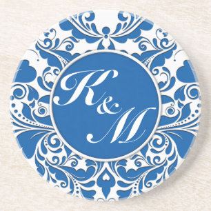 HeartyParty Blue and white Damask Heart Coaster