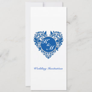 HeartyParty Blue And White Damask Heart Invitation