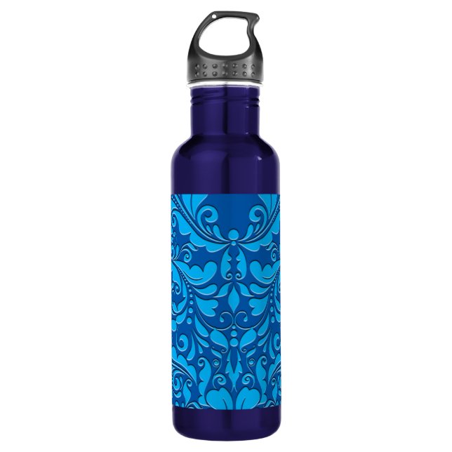 HeartyParty Cobalt Blue And Turquoise Damask Heart 710 Ml Water Bottle (Front)