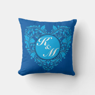 HeartyParty Cobalt Blue And Turquoise Damask Heart Cushion