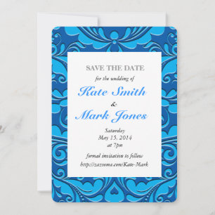 HeartyParty Cobalt Blue And Turquoise Damask Heart Save The Date