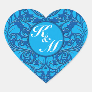 HeartyParty Cobalt Blue And Turquoise Damask Heart Sticker