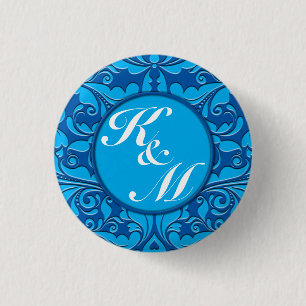 HeartyParty Cobalt Blue & Turquoise Damask Heart 3 Cm Round Badge