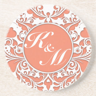 HeartyParty Coral And White Damask Heart Coaster