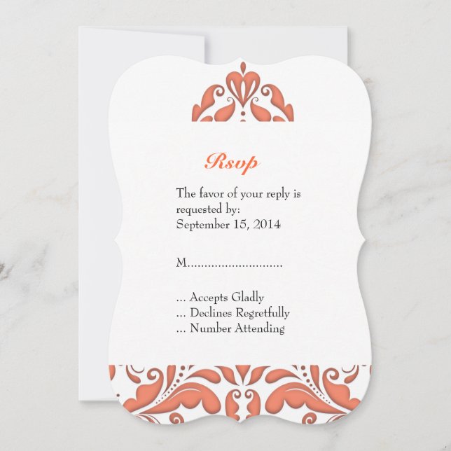 HeartyParty Coral And White Damask Heart Invitation (Front)