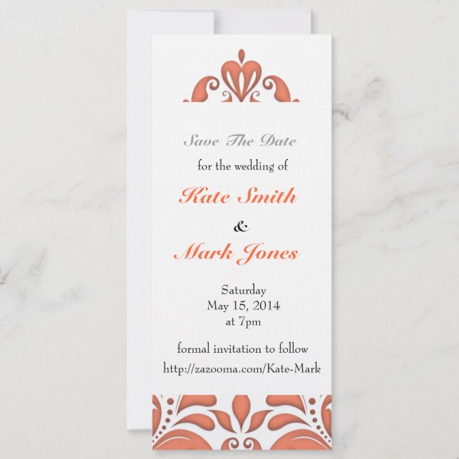 HeartyParty Coral And White Damask Heart Save The Date (Front)