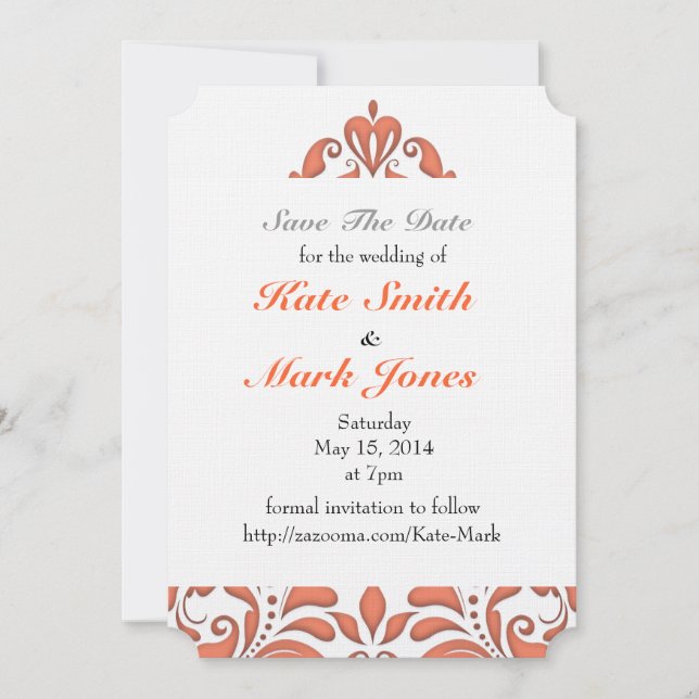 HeartyParty Coral And White Damask Heart Save The Date (Front)