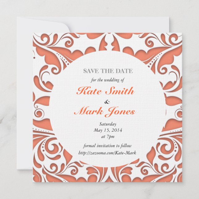 HeartyParty Coral And White Damask Heart Save The Date (Front)