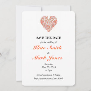 HeartyParty Coral And White Damask Heart Save The Date